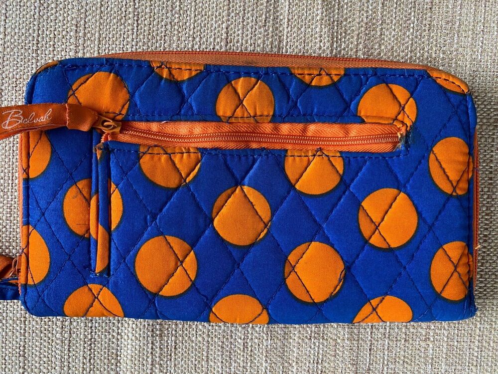 Belvah Zip Around Blue Orange Polka Dot Wallet Wristlet Quilted Fabric